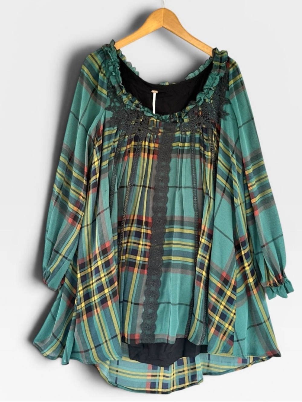RARE Free People Green Plaid Tunic Dress w Black Lace Size Small